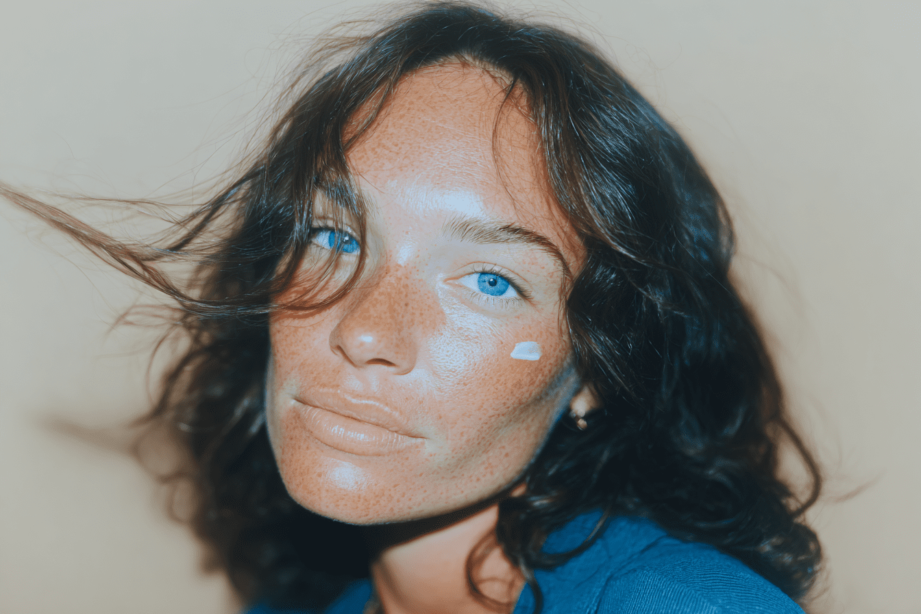 Vrouw met abloom skincare op gezicht.