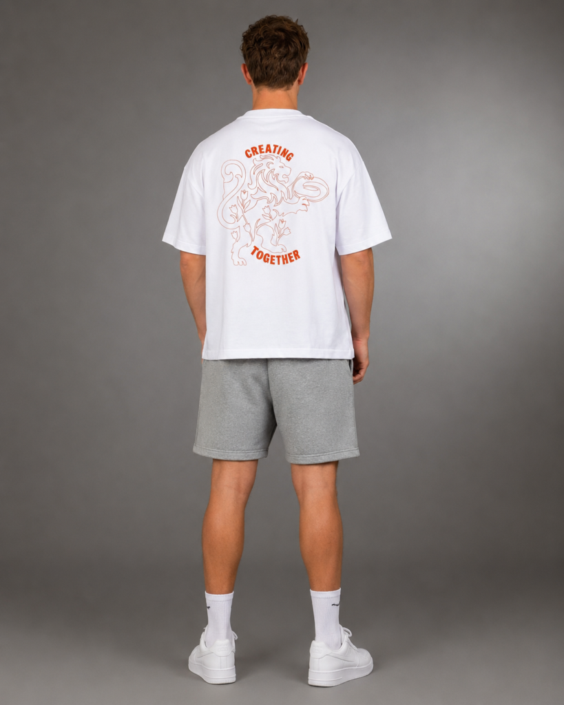 Model in wit T-shirt met rugprint, achteraanzicht, AI-productfotografie