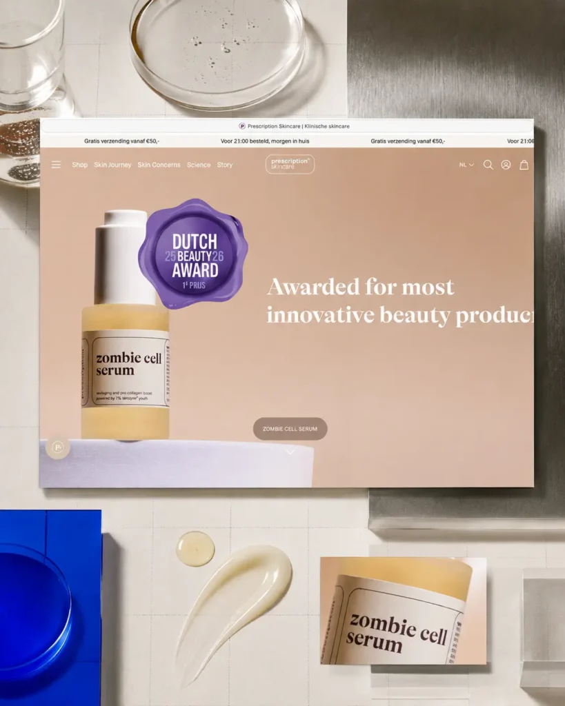 Shopify-webshop van Prescription Skincare ontworpen en geoptimaliseerd door Le Collectif