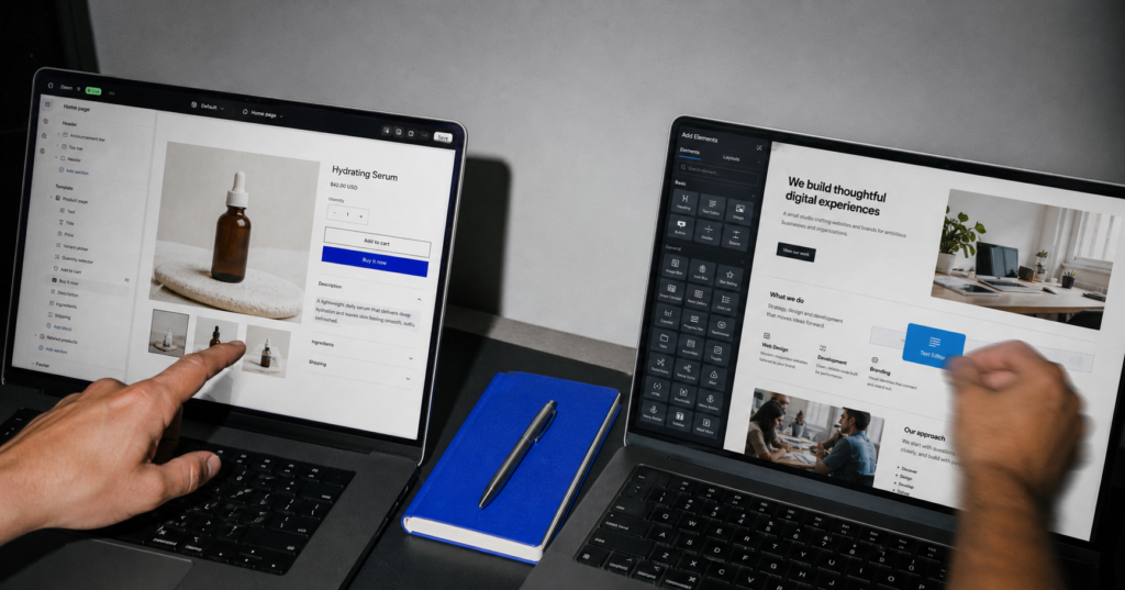 Twee laptops met WordPress website en Shopify webshop open