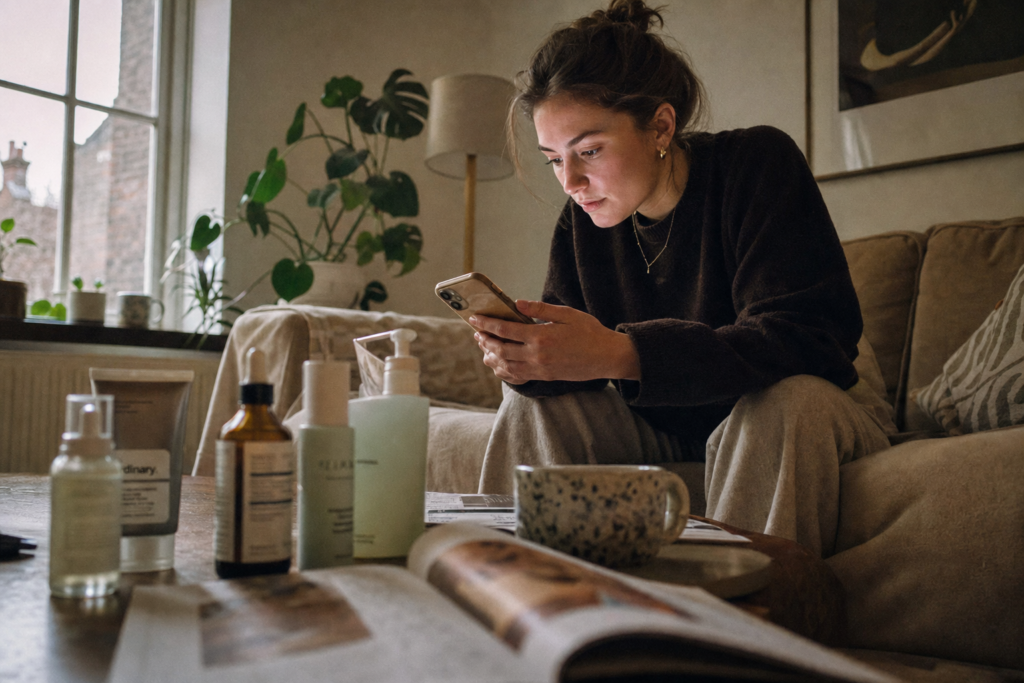 Vrouw bekijkt skincare producten op haar telefoon