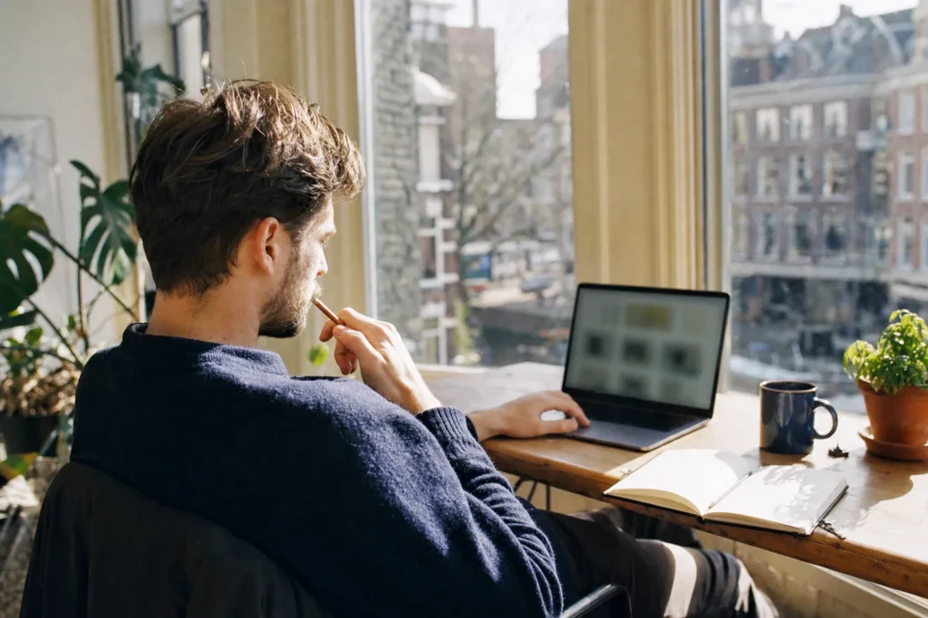 Webdesigner aan een houten bureau in een zonnig Amsterdams appartement, denkend met een potlood bij zijn laptop