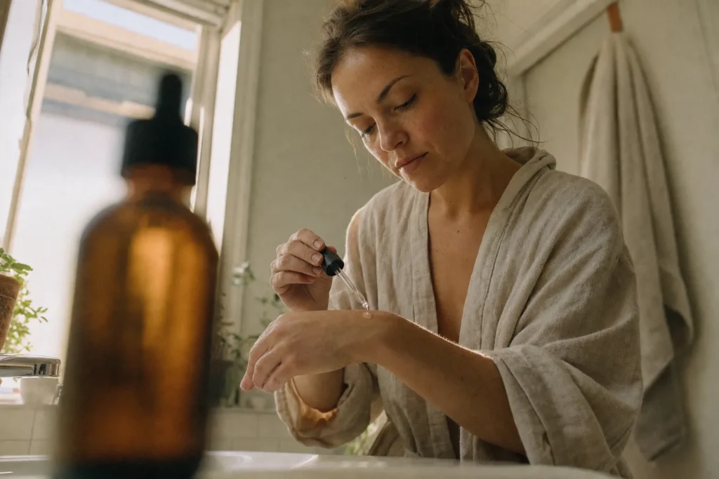 Vrouw in linnen badjas test een druppel serum op haar hand bij de badkamerwastafel in ochtendlicht