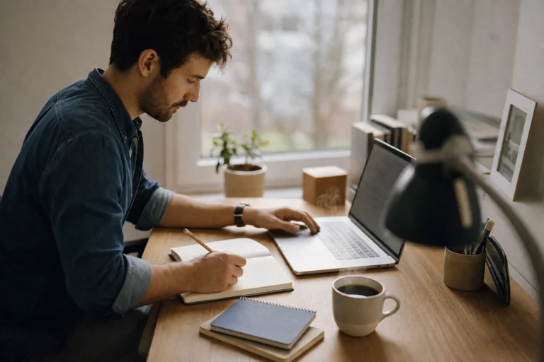 Webdeveloper vinkt een lijstje af in een notitieboek naast zijn laptop en een kop koffie