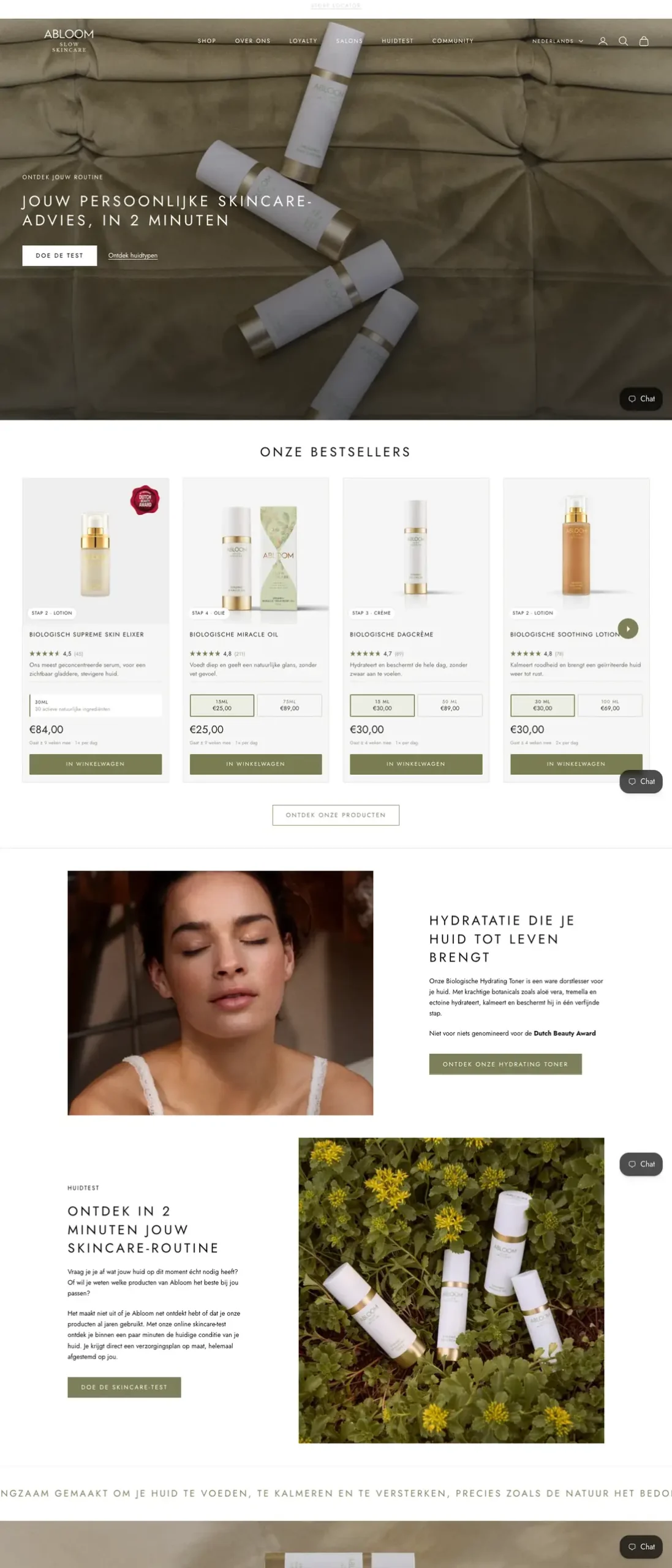Homepage van Abloom Skincare op desktop