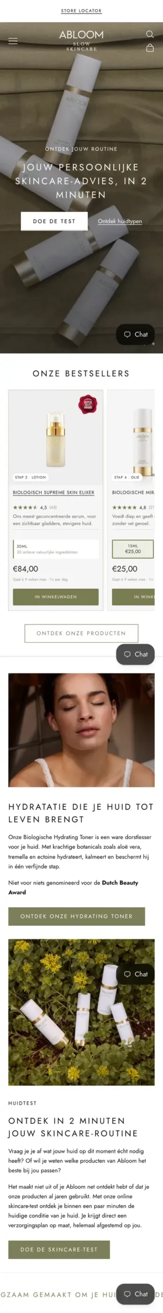 Homepage van Abloom Skincare op mobiel