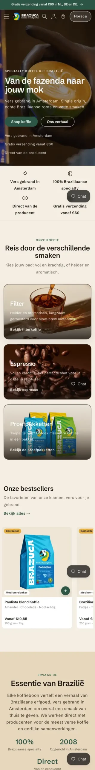 Homepage van Brazuca Coffee op mobiel