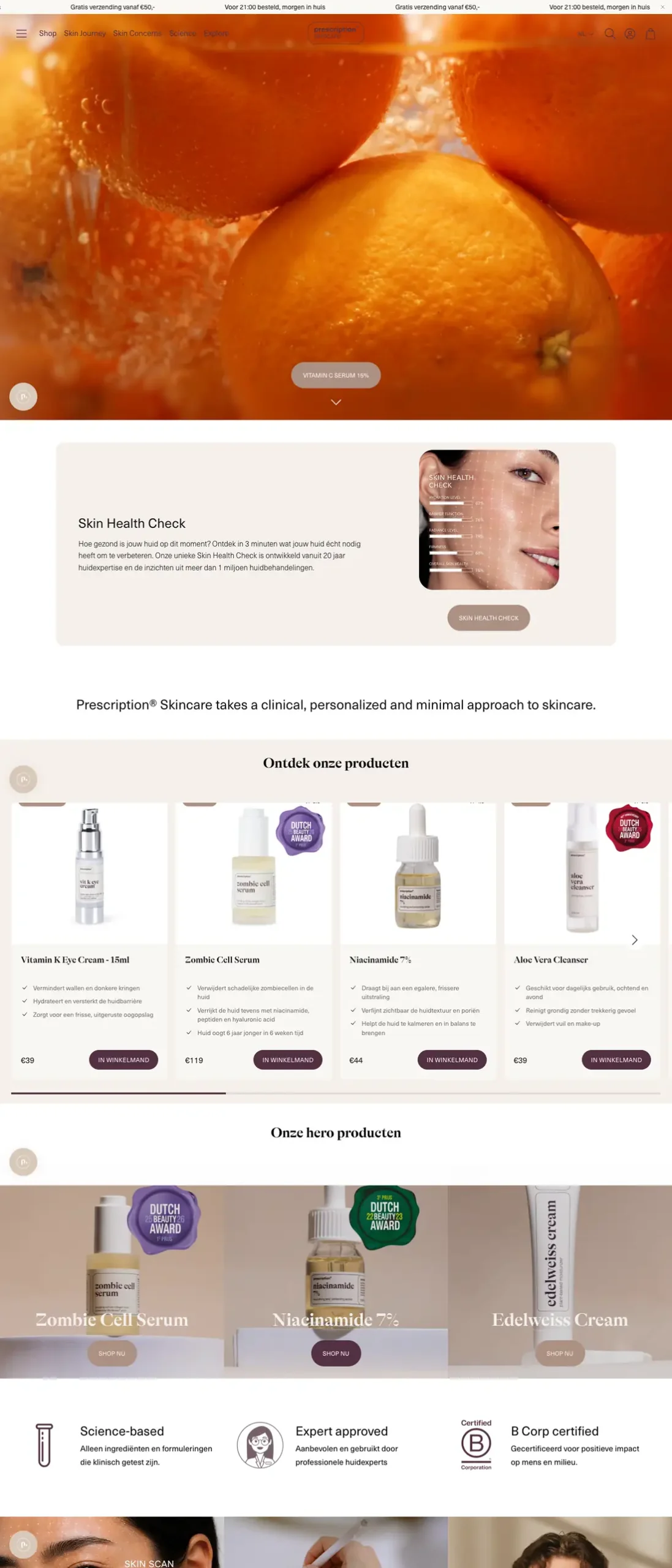 Homepage van Prescription Skincare op desktop