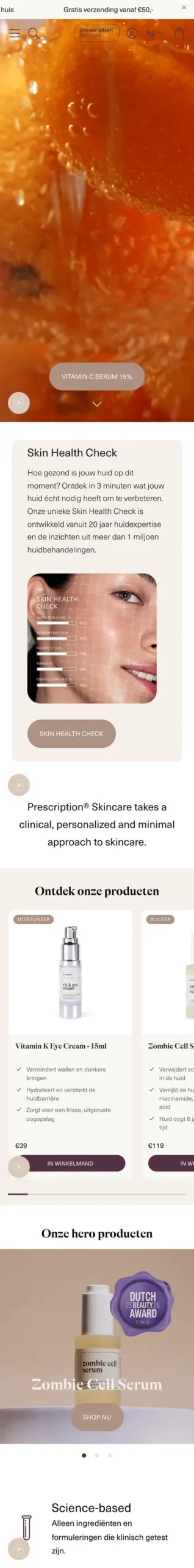 Homepage van Prescription Skincare op mobiel