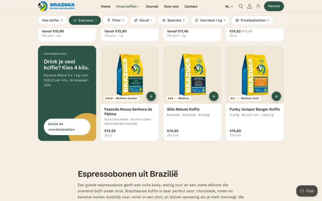 Collectiepagina met productkaarten van Brazuca Coffee