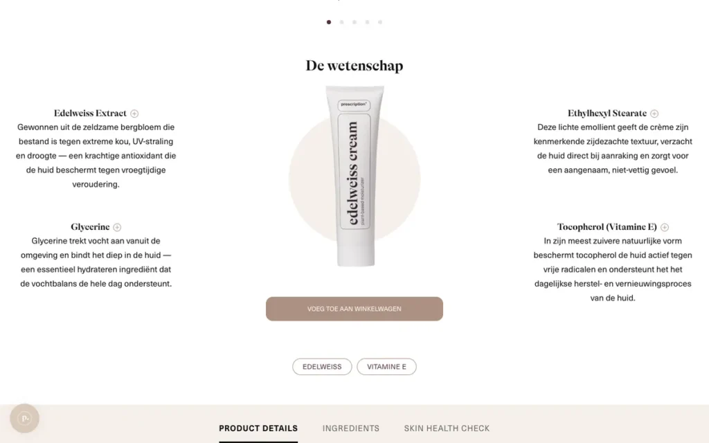 Ingrediënten uitgelegd op de productpagina van Prescription Skincare