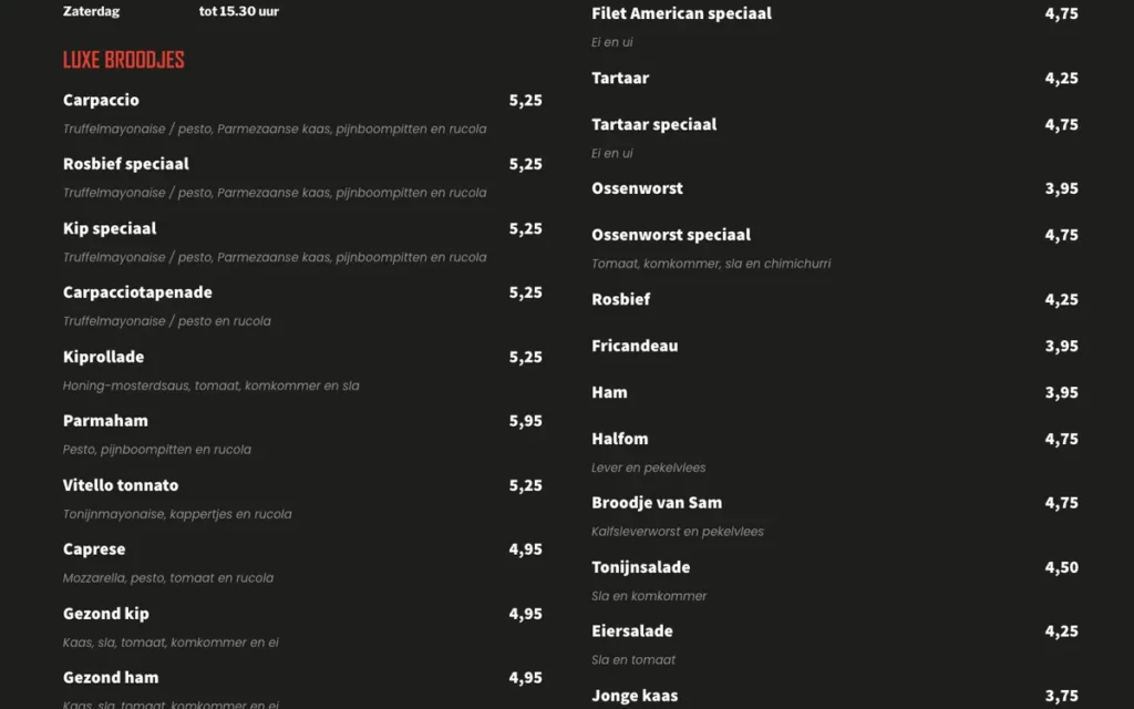 Broodjeskaart van Slagerij Sam Ridder