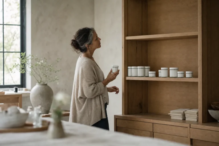 Oprichter van een skincaremerk zet glazen potjes crème in een lege houten kast in haar lichte studio